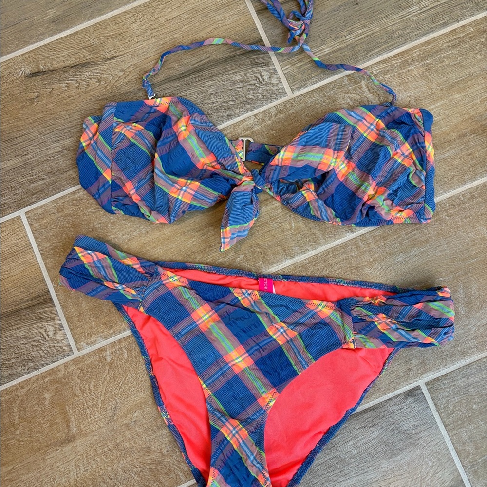 Victoria's Secret Coral with Blue Plaid Bikini